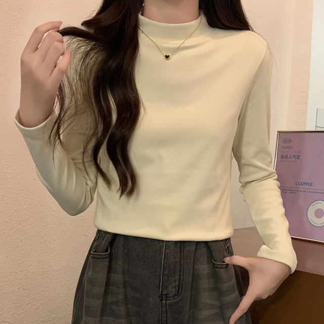 Casual Velvet Pure Color Half Turtleneck Long-Sleeved Bottoming Shirt for Women in Autumn and Winter New Korean Style Casual Velvet Inner Top for Women