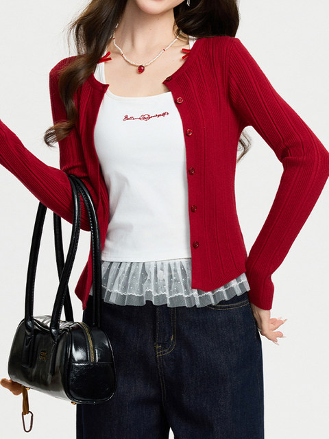 Stylish Red Knit Cardigan for Women, Spring Button-Up Slim-Fit Sweater, Short Jacket for New Year's Outfit