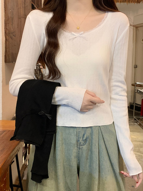 Korean-Style Gentle Lace Patchwork Long-Sleeve T-Shirt for Women, Spring 2026, White Slim-Fit Slimming Base Shirt Top Ins