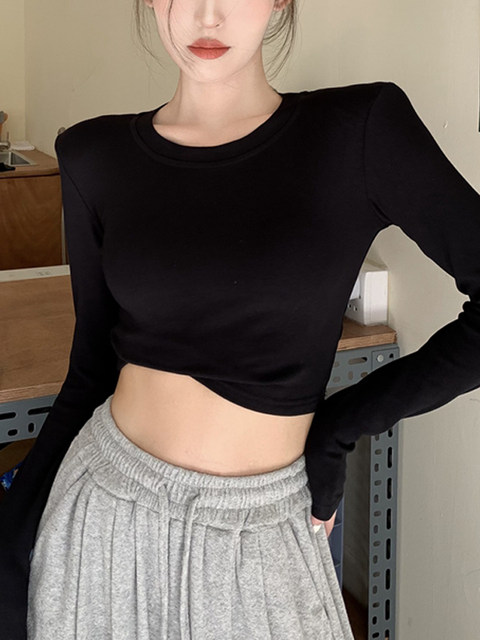 Sexy Hot Girl Style Slim-Fit Short Backless T-Shirt for Women, Autumn Inner Layer with Fleece, Cropped Shoulder Pad Top ins