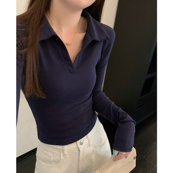 Pure and Elegant Polo Collar Slim-Fit Long-Sleeve T-Shirt for Women, 2025 Autumn, Solid Color Design, Simple and Versatile Short Top ins