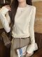 Casual and Stylish Korean-Style T-Shirt for Women, 2025 Autumn New Round-Neck Versatile Fishbone Design Base Shirt Top
