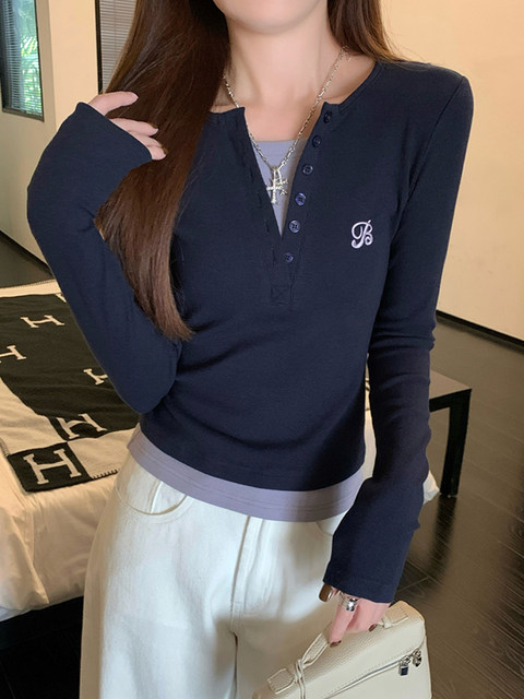 French-Style Half-Open Collar T-Shirt for Women, 2025 Autumn and Winter, Button-Up, Color-Blocking, Faux Two-Piece, Fashionable Design Top