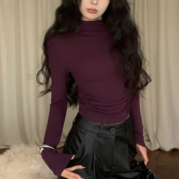 Purple Half-High Collar Thickened Brushed T-Shirt for Women 2024 Winter Hot Girl Sexy Pleated Versatile Top That Flatters the Figure