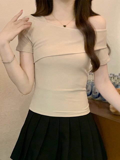 Pure Desire Sweet Spicy Girl Off-Shoulder Short Sleeve T-Shirt for Women, Summer Fashion Versatile One-Shoulder Slim Fit Top, Ins Style