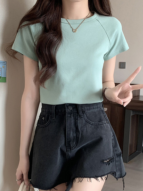 Korean Style High-End Short-Sleeved T-Shirt ins Women's 2025 Summer New Raglan Sleeve Round Neck Versatile Short Top