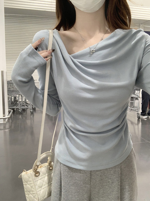 Solid Color Simple and Elegant Slim-Fit T-Shirt for Women 2025 Autumn Irregular Off-Shoulder High-End Draped Neckline Top