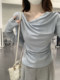 Solid Color Simple and Elegant Slim-Fit T-Shirt for Women 2025 Autumn Irregular Off-Shoulder High-End Draped Neckline Top