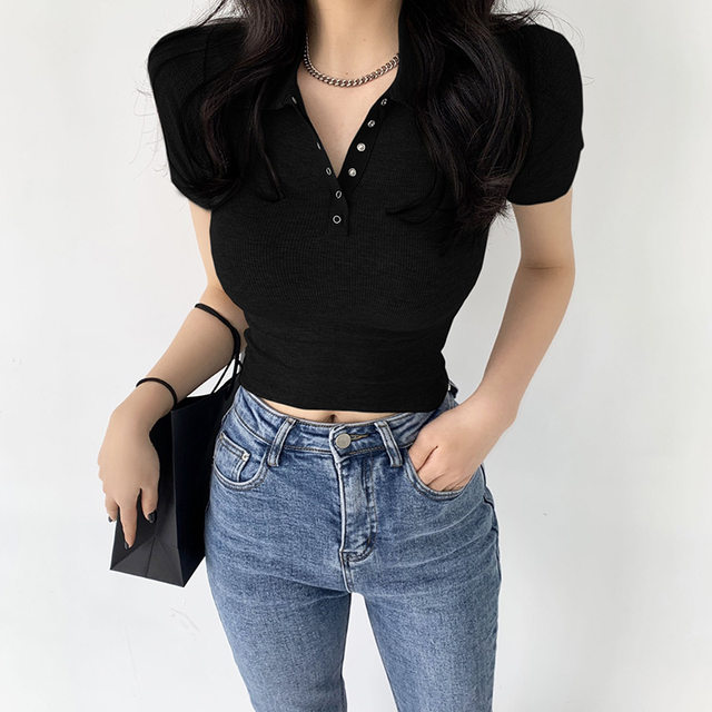 European Style Polo Collar Hidden Button White Short-Sleeve T-Shirt for Women, 2025 Summer New Base Layer Top, Short Style