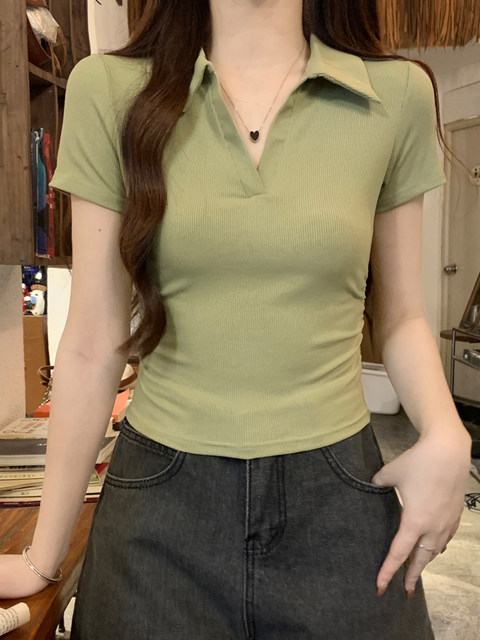 American-Style Spicy Girl V-Neck Short-Sleeve Polo Shirt for Women, Summer Green Fresh Slim-Fit Versatile Collarbone Half-Open Top