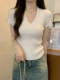 Gentle Korean-Style V-Neck Waist-Cinching Short-Sleeve Blouse for Women, Summer White Simple Fashion Slim-Fit Ribbed Elegant Top