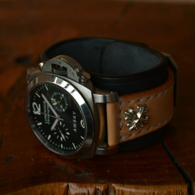 Leather workshop original pure handmade black mix and match natural vegetable tanned leather casual retro motorcycle strap