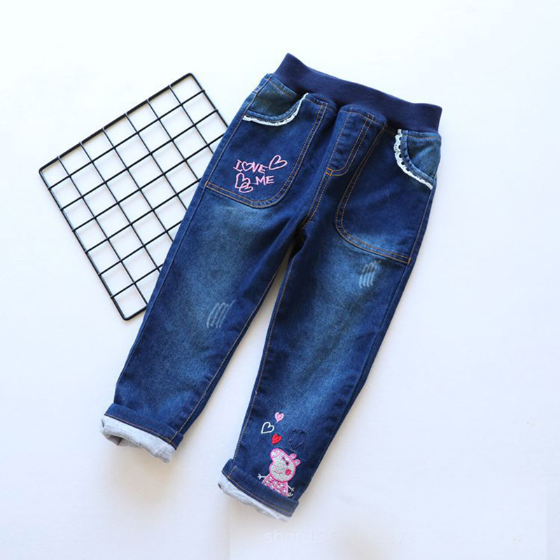 Quần áo trẻ em xuân 2019 bé gái mới quần jeans dày hai lớp hoạt hình thêu quần trẻ em xuân hè quần jean trẻ em