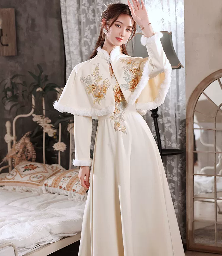 Winter bridesmaid dress, evening dress, skirt, long-sleeve, size, Chinese style