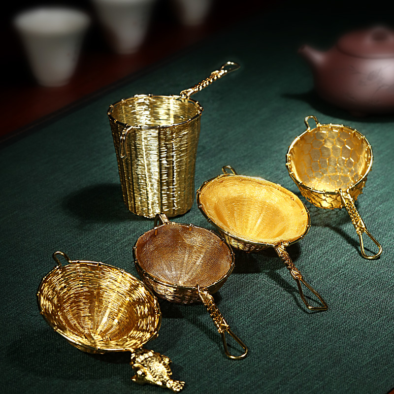 Hide Pot World Hand Woven Tea Leak Qigong Fu Tea Accessories Metal Filter Tea Duct Filter Screen Golden Tea Leak