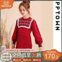 Girls sweater dress autumn and winter 2021 New skirt childrens clothing Red New Year dress childrens greetings winter