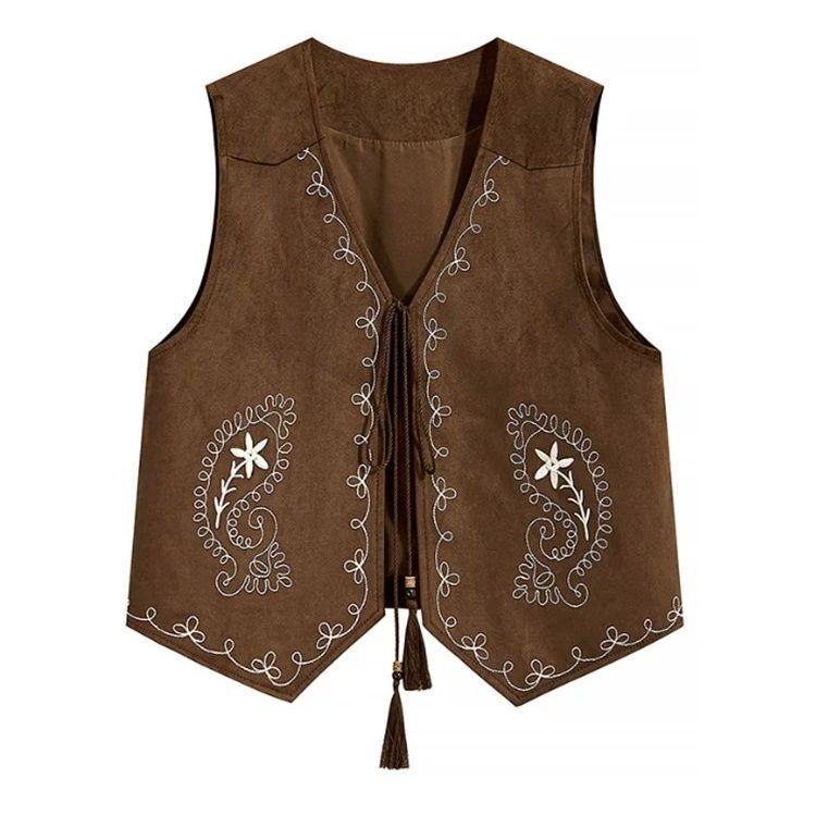 Ethnic Style Retro Embroidered Suede Vest for Women, Autumn Outerwear, Layered Tassels, Lace-Up V-Neck, Sleeveless Vest