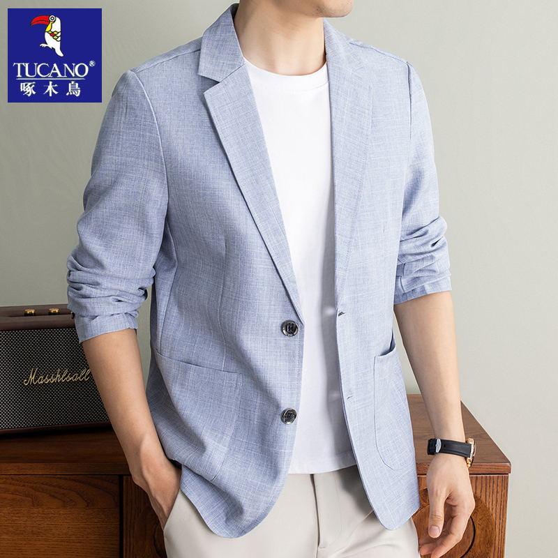 Woodpecker Casual Suit for Men, Spring and Summer New Thin Business Casual Sun Protection Single-Breasted Solid Color Linen Blazer