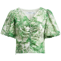 Red Sleeve Mall Same Style HOPESHOW Green Flower Chiffon Shirt Summer 2024 New Womens Puff Sleeve Pleated Top