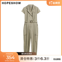 Red-sleeved hopeshow slacks summer new womens lace-up double-breasted lapels overalls jumpsuit