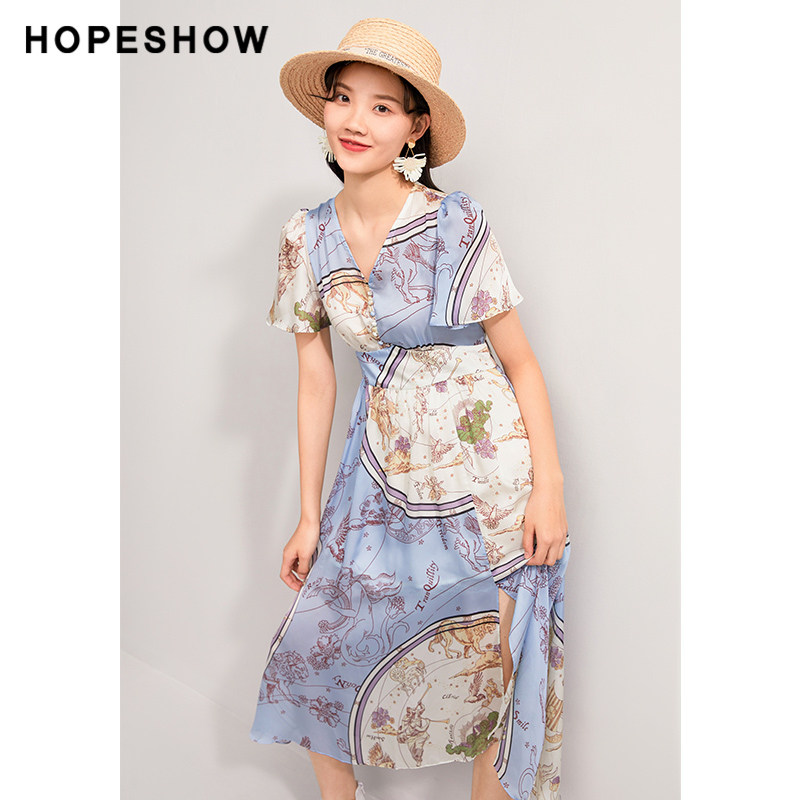 Red Cuff Hopeshow Medium Long Dress Summer New Women's Dress Deep V Collar Splicing National Wind High Waisted Snowspun one-piece dress