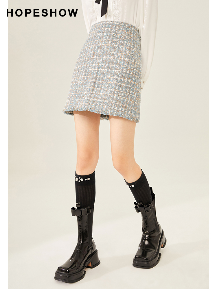 Small fragrant wind skirt women's red sleeve winter new style tweed temperament slim fur edge plaid bag hip skirt