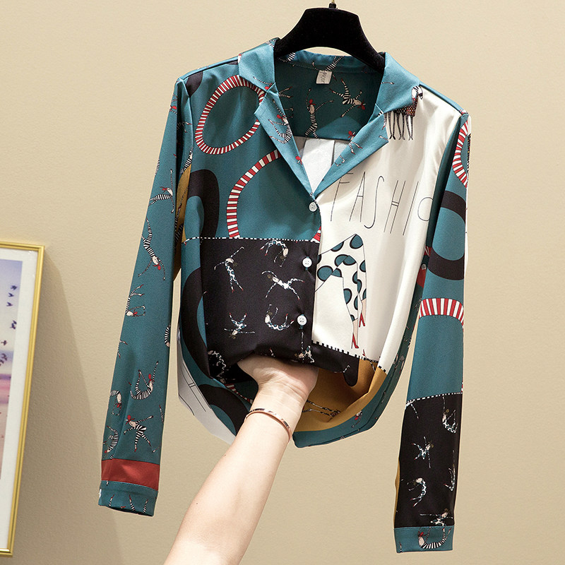 Korean spring clothing 2020 female Korean version of retro Hong Kong flavor printed chiffon shirt female fashion design sense niche top