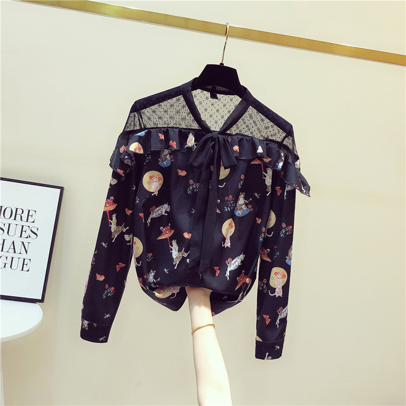 South Korea 2020 spring dress new Korean version printed shirt woman long sleeve port wind mesh yarn thin jacket woman fashion foreign pie