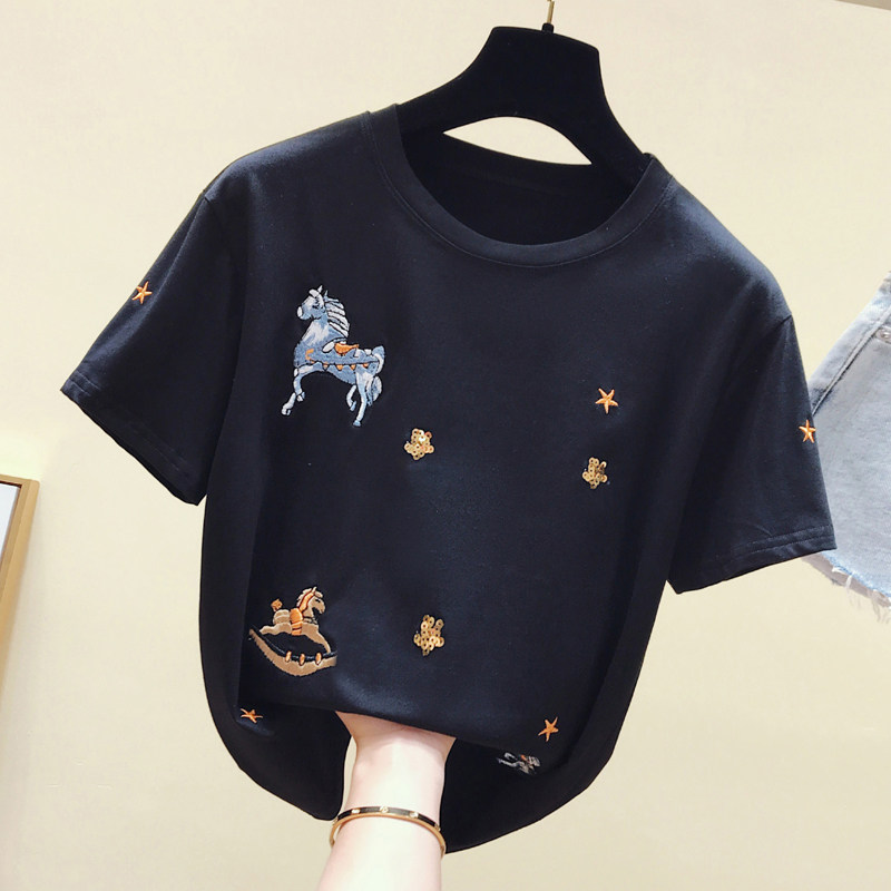 South Korea Black Short Sleeve T-shirt Lady Han Version Pure Cotton 100 Lap Loose Design Sensation Blouse 2021 Summer New Tide