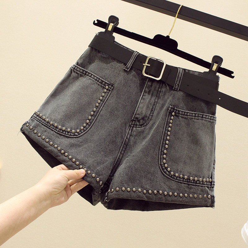 Korean Smoking Grey Denim Shorts Women's Summer New High Waist Display Slim Hot Pants A Character Broadlegged Pants Loose Outside Wearing Tide