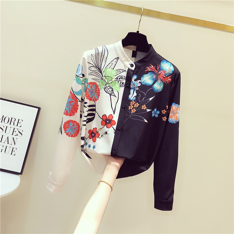 South Korea Retro Printed Collision Color Right Collar Black Shirt Woman 2021 Chunqiu New Design Sense of a small crowdsourced blouse