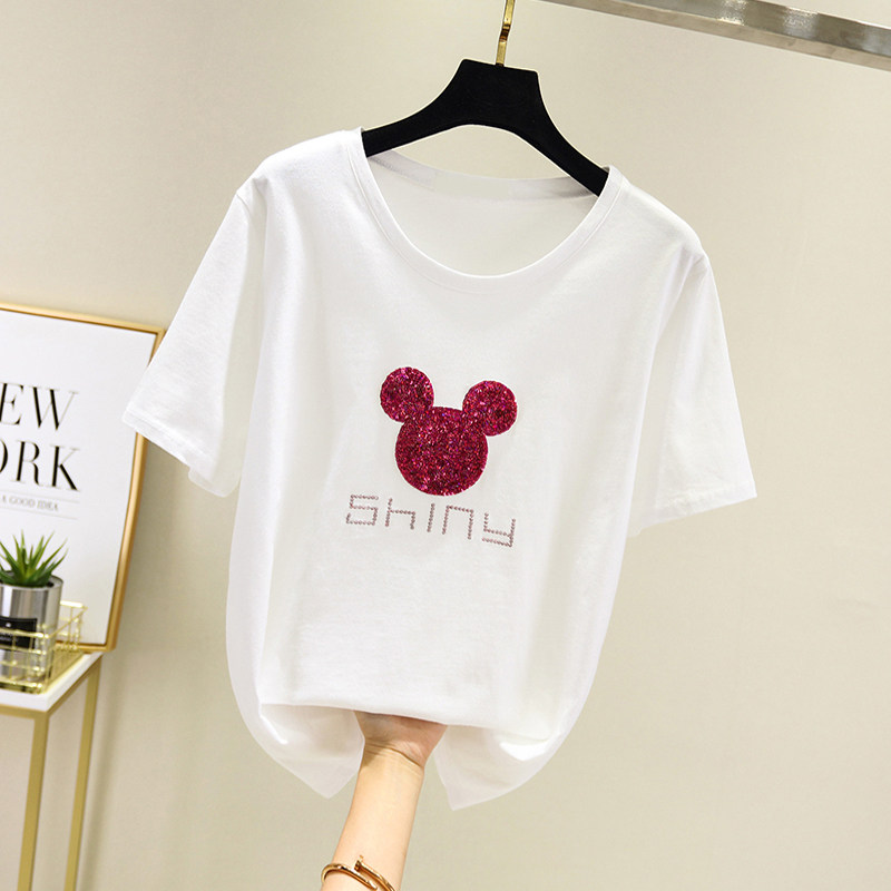 Korean cartoon Mitch short sleeve T-shirt woman 2022 Summer new pure cotton loose Korean version white blouses design sensation