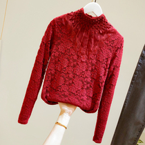 Korean small stand-up collar Western style long-sleeved lace base shirt womens red 2021 spring and autumn new womens top tide
