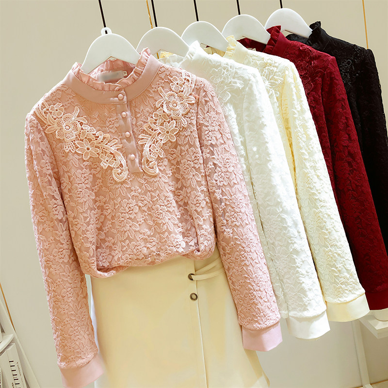 Korean Ocean Lace Jersey Undershirt Woman 2022 Spring Autumn New Women's Slim Fit Fashion Pink Long Sleeve Blouse