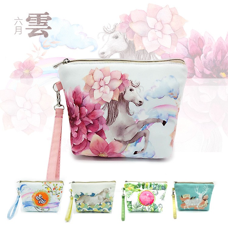 Japan-ROK zero-wallet Canvas Makeup Bag handbags Bracelet Large Screen Phone Bag Art Cartoon Printed Coin Bag