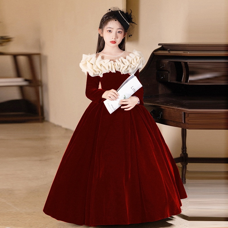 French Style Large Size Dress for Girls, Host Velvet Long-Sleeved Autumn and Winter Birthday Princess Dress, Piano Performance Dress