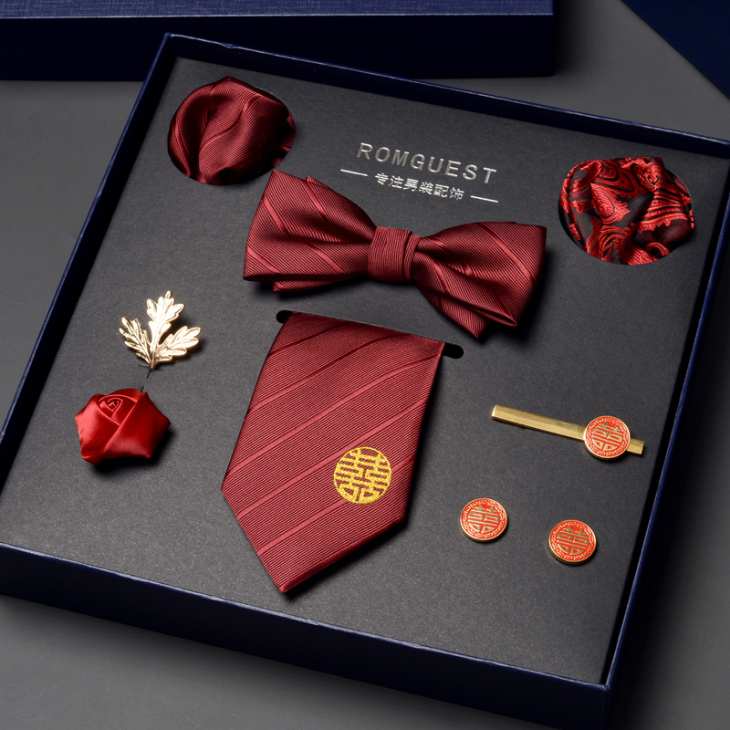 Men's Tie, Pocket Square, Lapel Pin, Cufflinks Gift Box Formal Set for Boyfriend, Wedding, Groom, Red