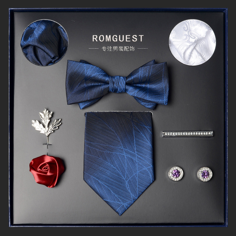 Blue Black Men's Tie and Bow Tie Set Gift Box Formal Business Birthday Gift for Boyfriend Husband Valentine's Day