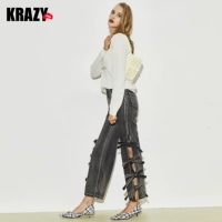 Krazy Комфортные хлопковые ретро джинсы с бантиком для отдыха, штаны-клёш, штаны