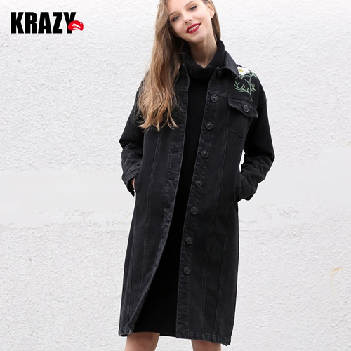 Krazy Черная джинсовая рубашка, осеннее платье, в цветочек, с вышивкой