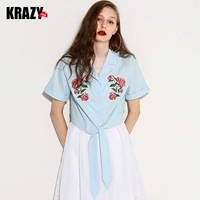 Krazy Свежая освежающая синяя короткая рубашка, с вышивкой