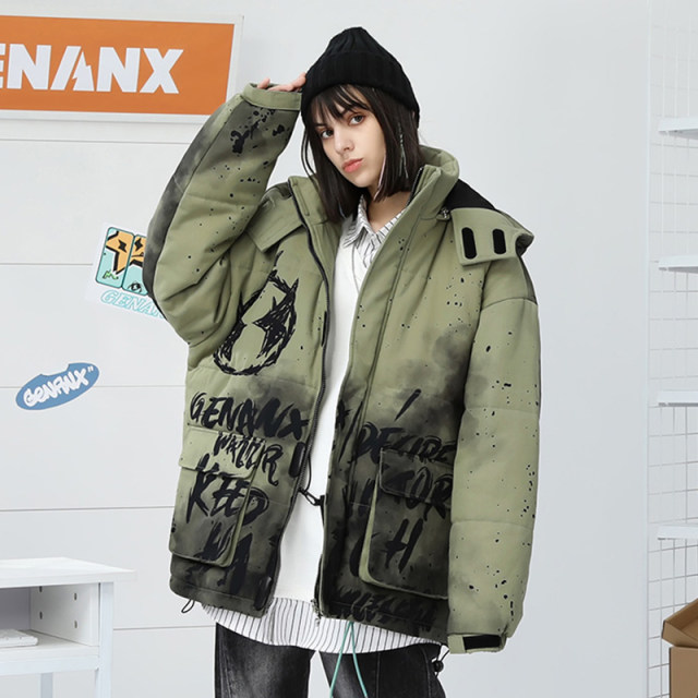 GENANX Lightning Trendy Brand New Retro Distressed Hooded Ink-Splash Printed Cotton Clothes Loose Coat Coat Thick Jacket