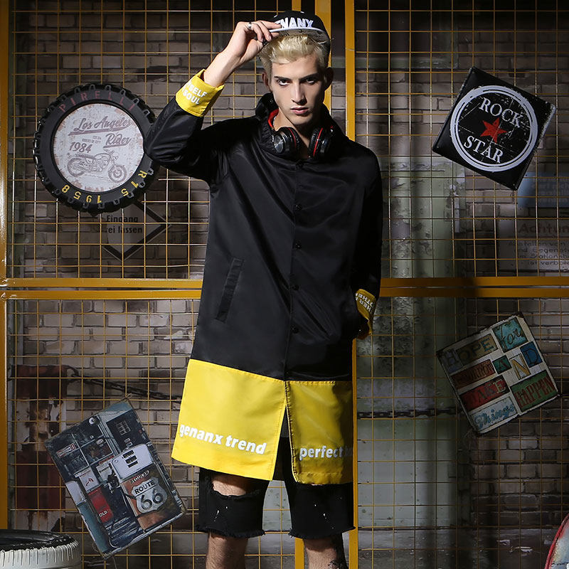 GENANX lightning wave brand hair stylist coat men's fashion new fashion spring stitching contrast trench coat hooded tide