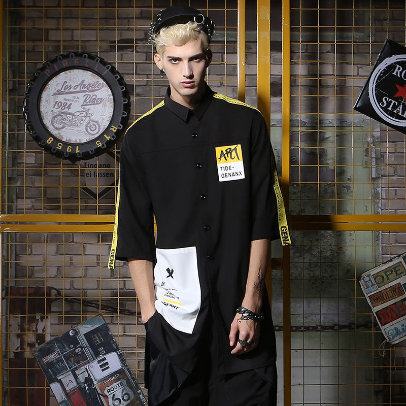 GENANX lightning wave brand six-point sleeve shirt men's Korean version of the long trendy new teen loose print shirt