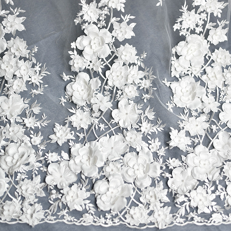 Elfenbein weißes Brautkleid Spitze Stoff, 3D Chiffon Blumen, Nagel Satin Bead, Europäische Spitze Stoff, RS583 – Detail 4