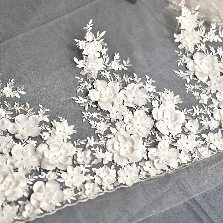 Elfenbein weißes Brautkleid Spitze Stoff, 3D Chiffon Blumen, Nagel Satin Bead, Europäische Spitze Stoff, RS583 – Detail 8