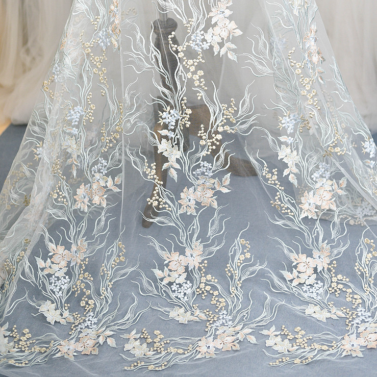 Pink blue colour high-end stereo embroidery lace flowers wedding dress manual diy material clothing fabric accessories