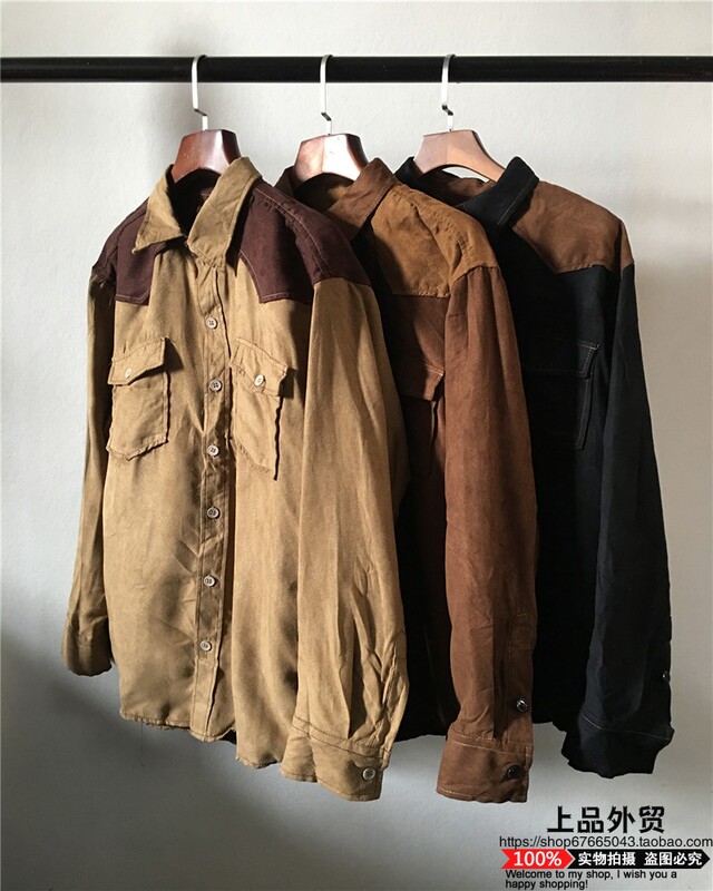 American Casual Men's and Women's Western Denim Large Size Suede Long-Sleeved Shirt with Lapel, Retro Color-Blocking Spring and Autumn Top