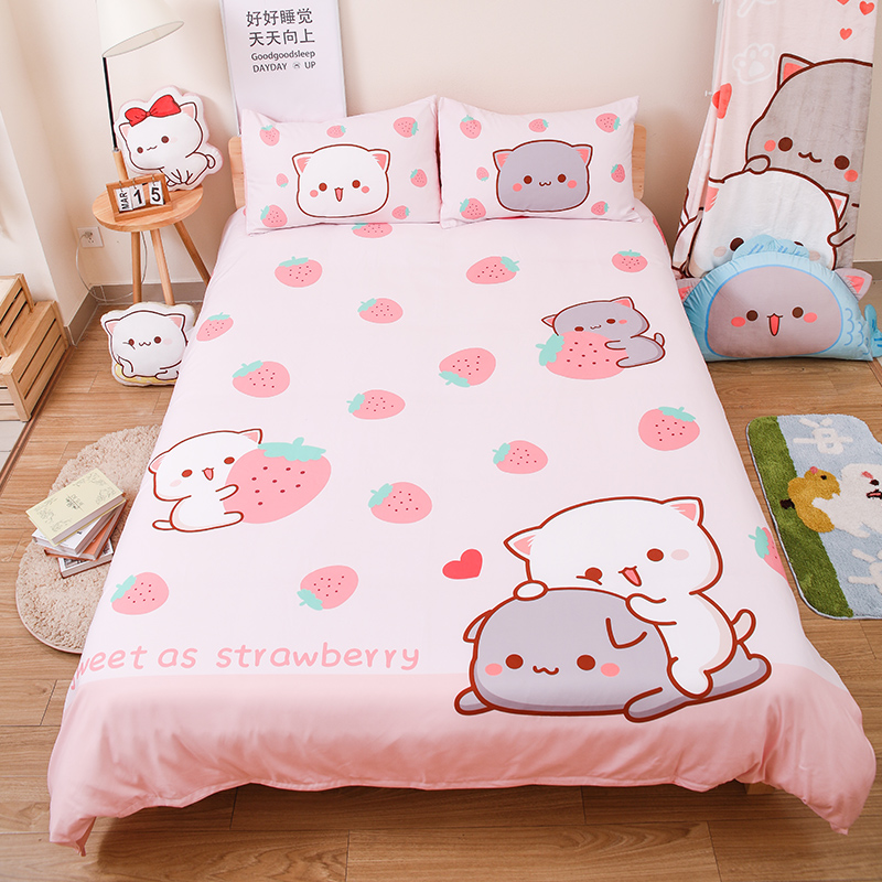 Peach cat winter new fresh cotton four-piece bed sheet quilt cover single bed student quilt dormitory three-piece set