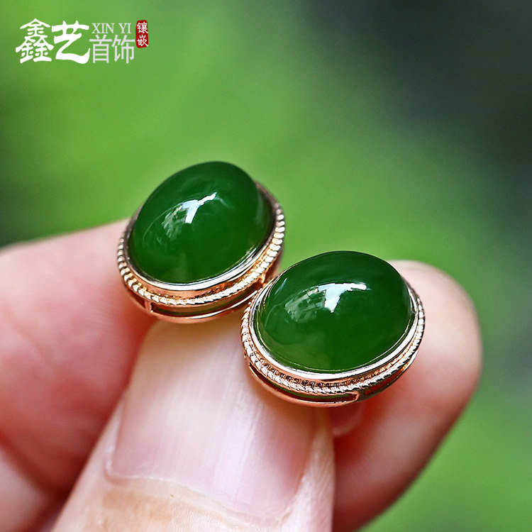Natural Hetian jade earrings 18k gold inlaid jasper egg face earrings women's simple spinach green earrings with earplugs